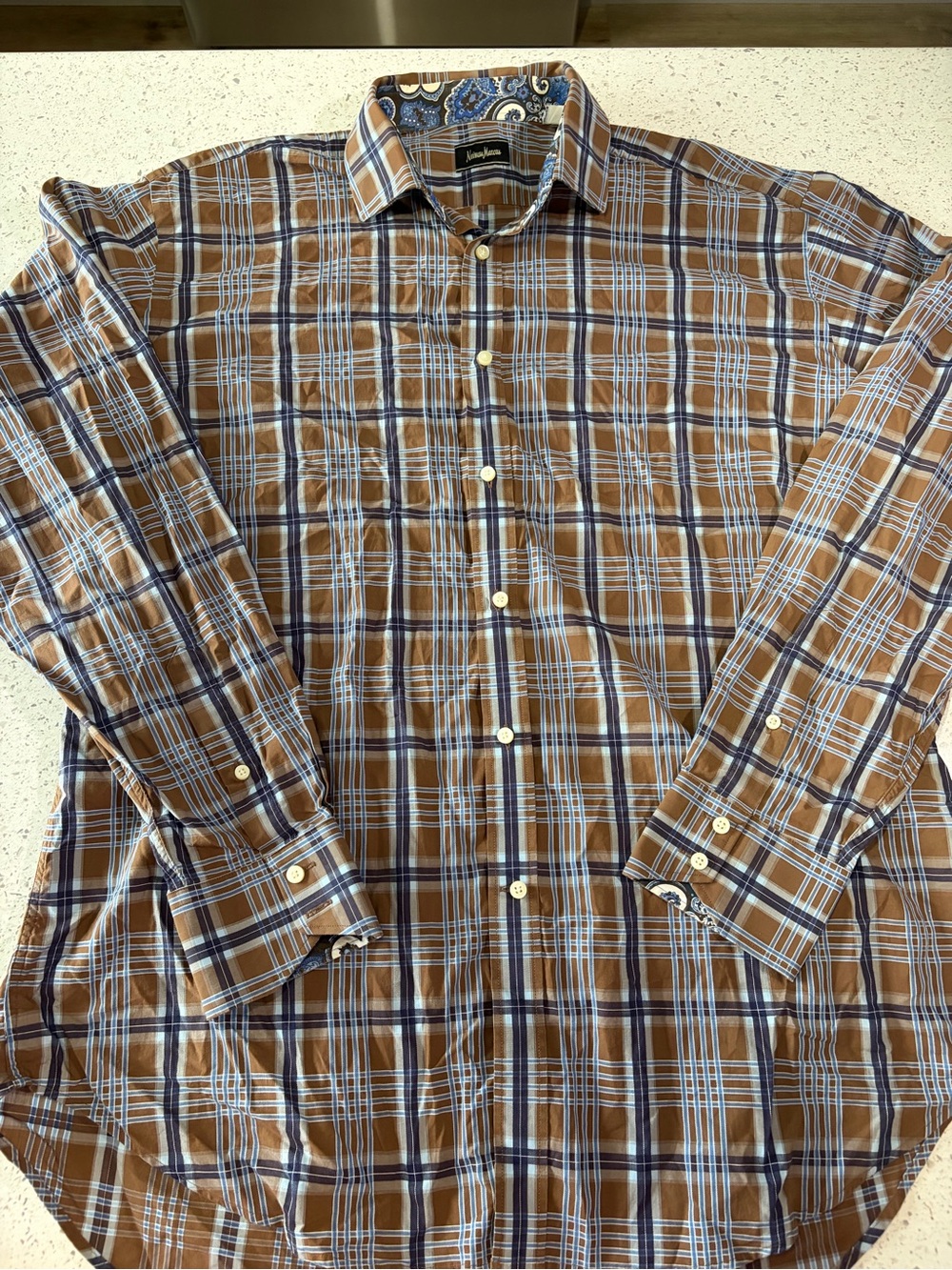 Neiman Marcus Men’s Plaid Button Down Shirt Paisley Contrast Cuffs
